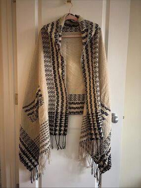 Free People Cream and Black Hooded Fringe Wrap Poncho